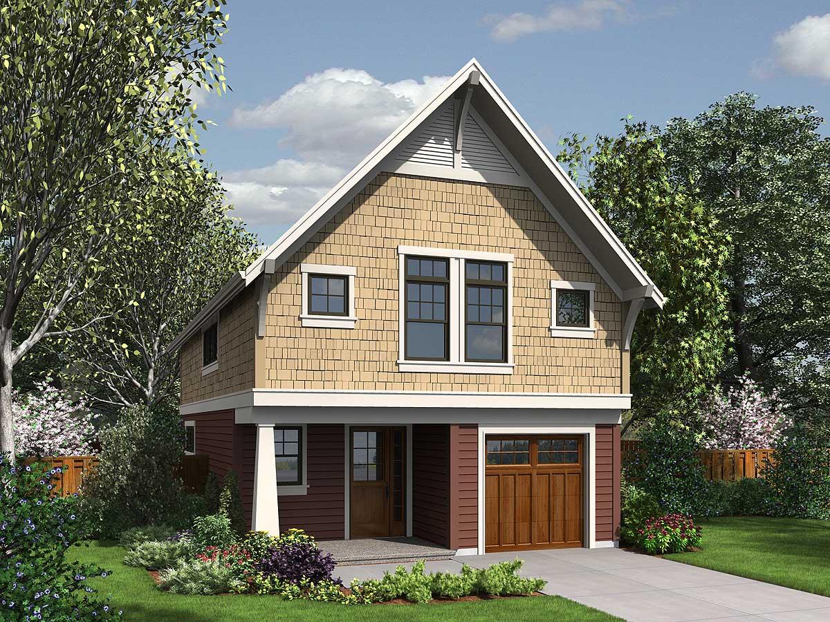 House plan exterior. Two-story Craftsman home with a gabled roof, shake siding, and garage. Features include a front porch and decorative brackets.