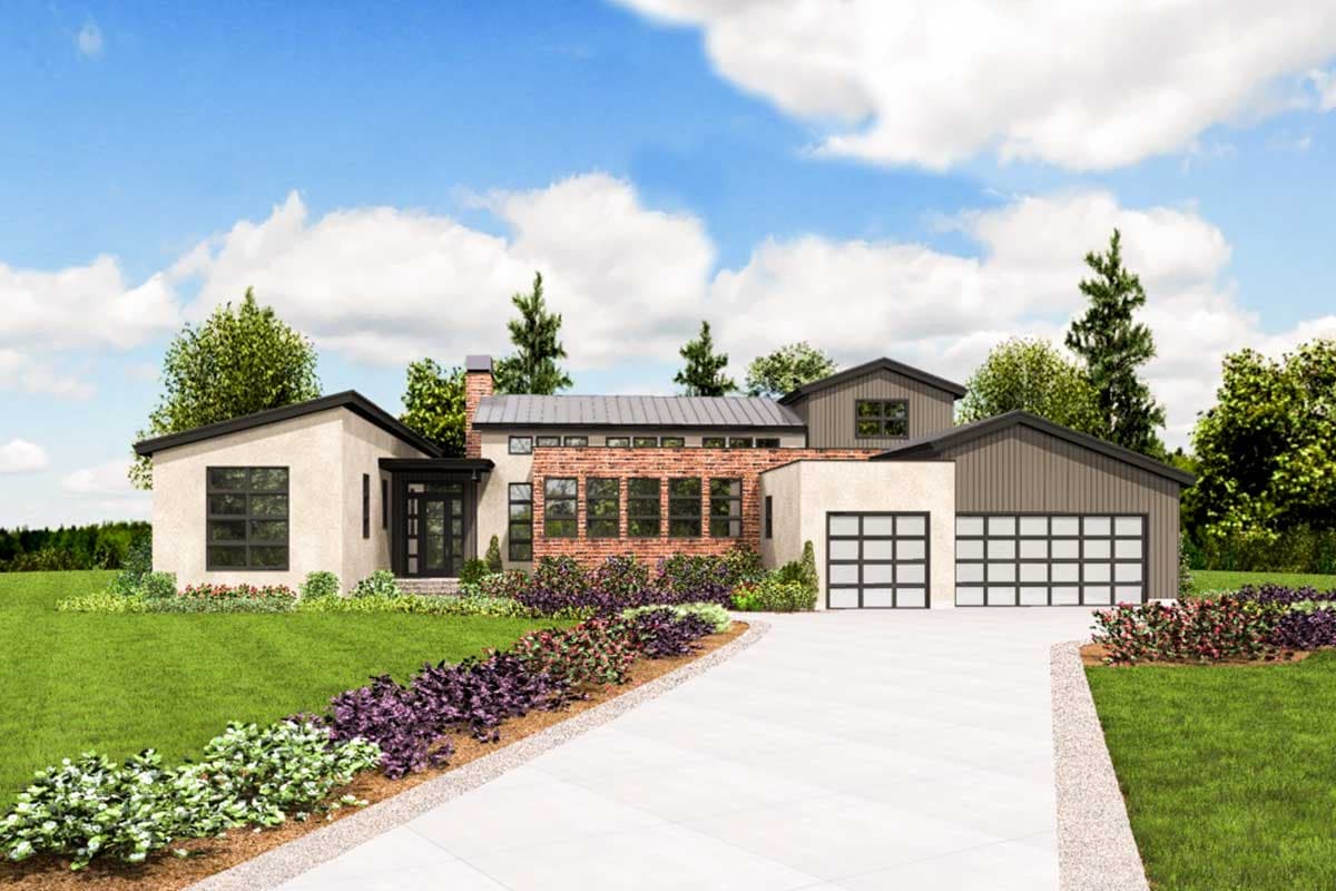 Modern house plan exterior with a stucco finish, brick accents, metal roof, and a three-car garage.