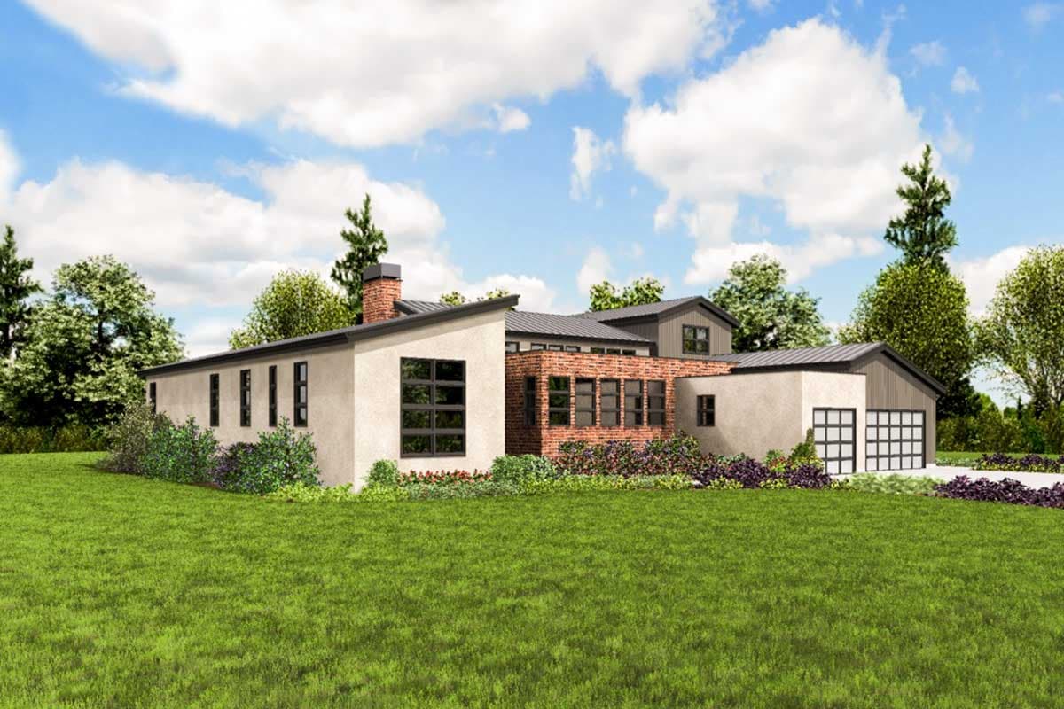 Modern house plan exterior with stucco and brick facade, asymmetric rooflines, large windows, and a two-car garage.