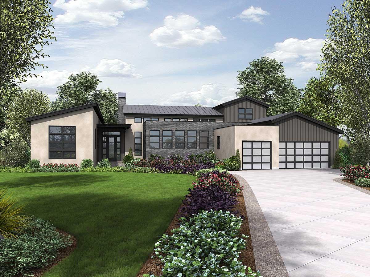 Modern house plan exterior with low-pitched rooflines, a two-car garage, and a covered entry. Features large windows and a brick facade.