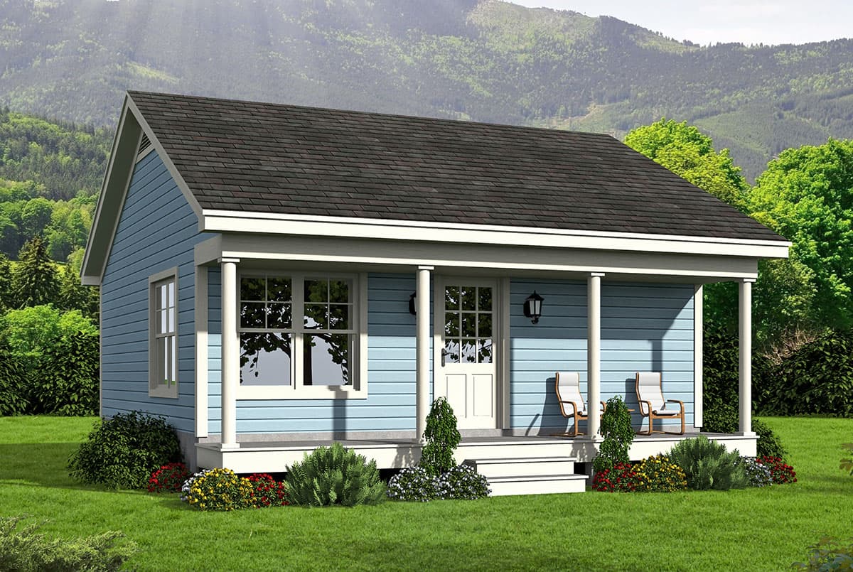 House plan exterior. One-story Cottage style home with gabled roof, front porch with columns, and horizontal siding.