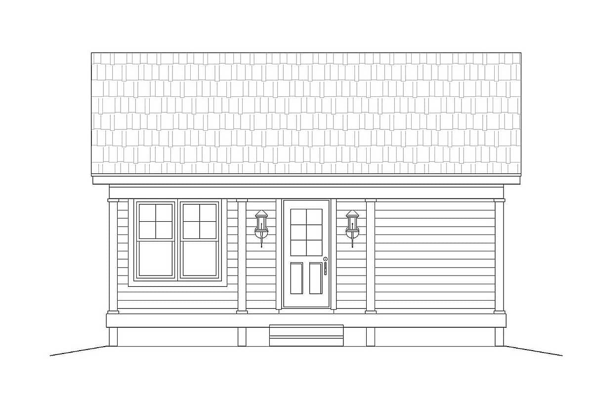 House plan exterior drawing showing a one-story cottage with a front porch, double window, and hip roof.