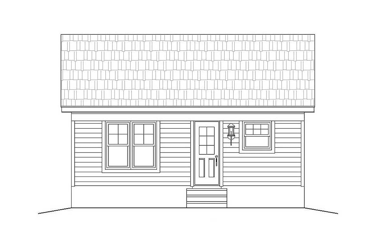 House plan exterior drawing: single-story residence with central door, two windows, and shingled roof.