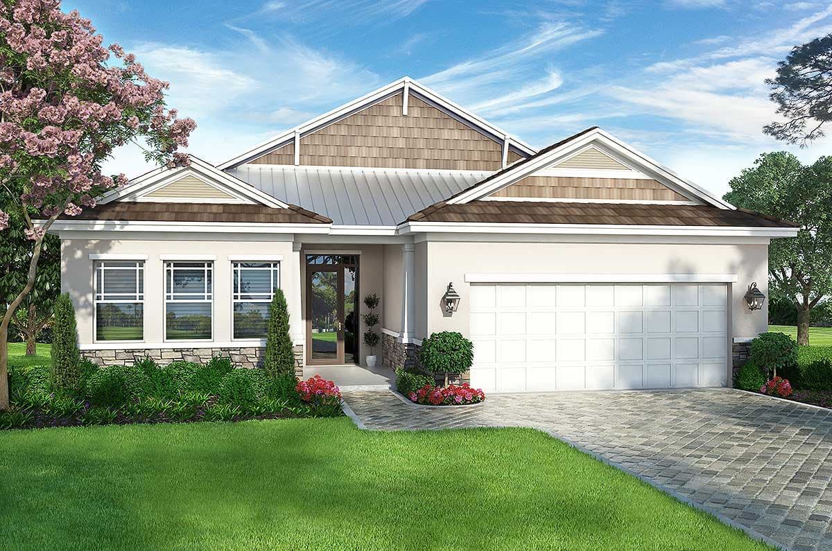 House plan exterior. One-story home with a gabled roof, a two-car garage, and a covered front entry. Features include shake siding and stone accents.