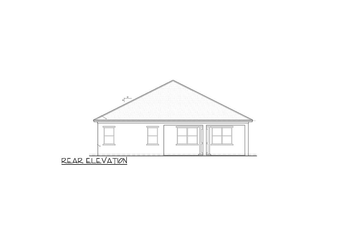 Rear elevation drawing of a house plan showing a gable roofline, multiple windows, and a central doorway.