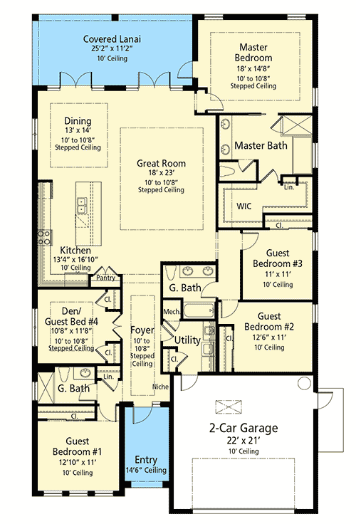 Plan 33172ZR: One Story House Plan with 4 or 5 Bedrooms - Floor Plan - Main Level - Prairie, Southern