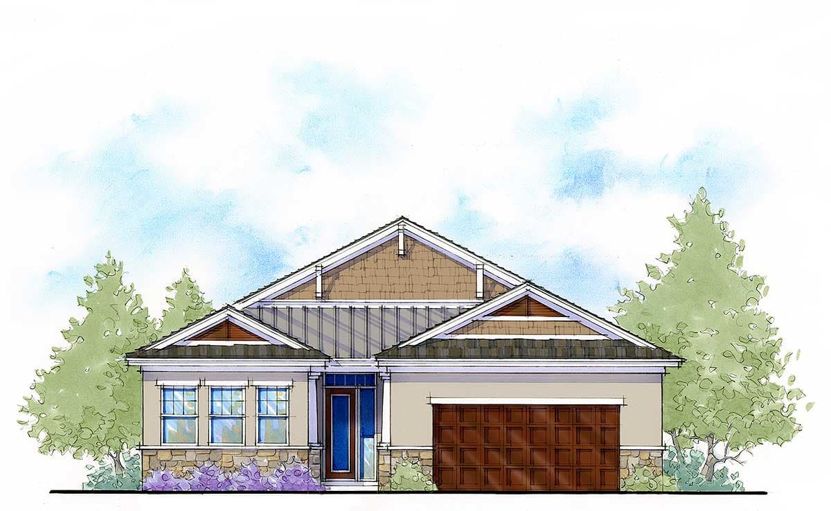 House plan exterior: single-story, asymmetrical gables, stone foundation, covered entry, and attached two-car garage.