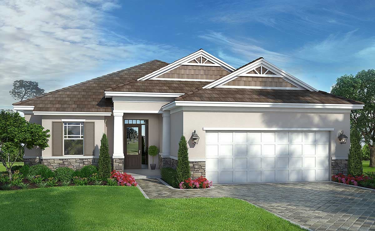 House plan exterior with Craftsman style, single story, and a gable roof with decorative trim. Features stone accents and an attached garage.