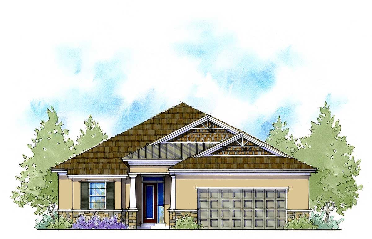 House plan exterior: one-story, symmetrical gables with decorative trusses, covered entry, and attached garage.