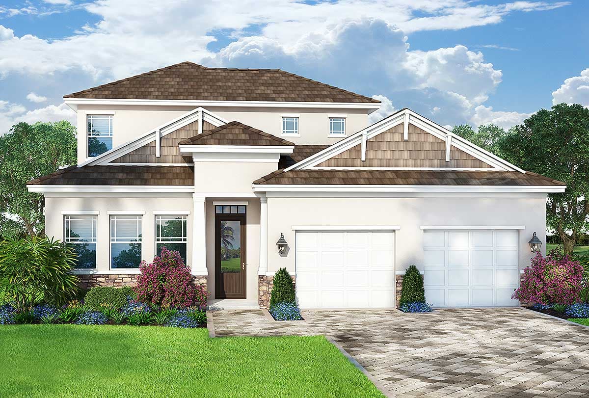 House plan exterior with stucco siding, two-story design, dual garage, and gabled roof with cedar shake accents.