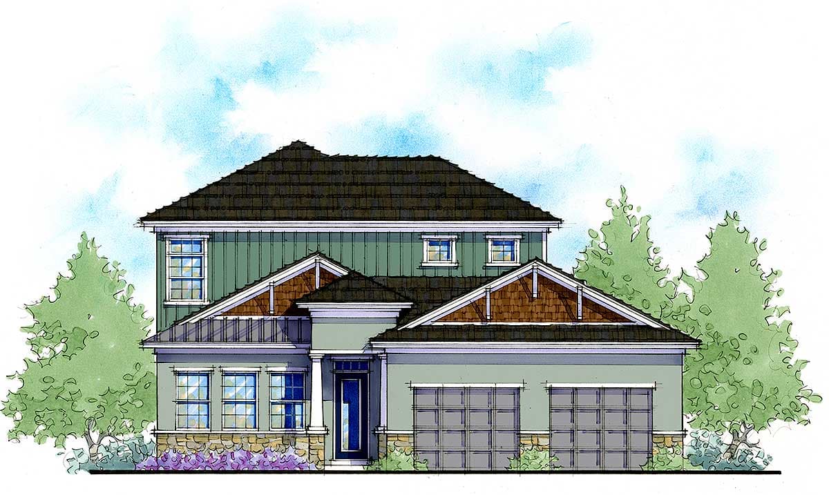 House plan exterior: Two-story home with varied rooflines, gabled dormers, stone base, and a three-car garage.
