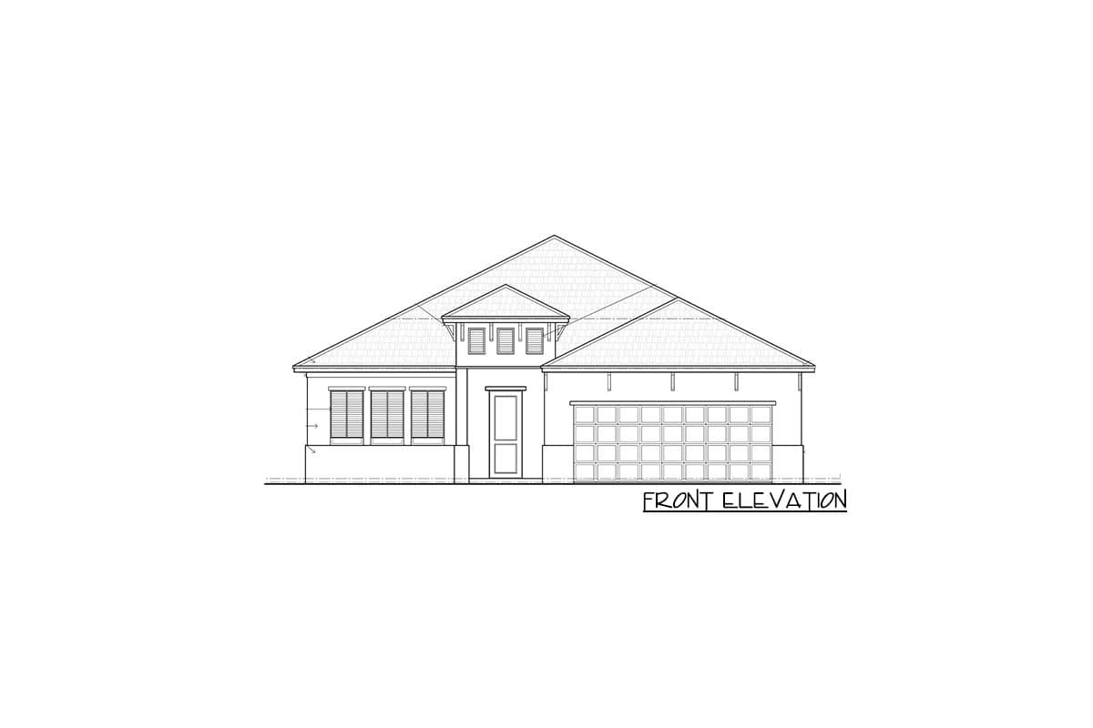 Front elevation drawing of a one-story house plan with a hip roof, central dormer, three windows, a front door, and a two-car garage.