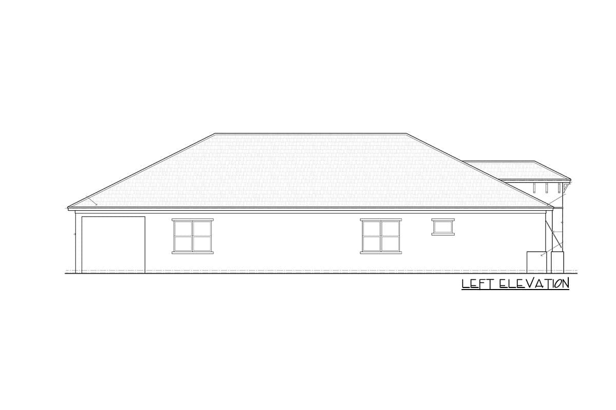 Left elevation drawing of a single-story house plan with an attached garage, hip roof, and multiple windows.