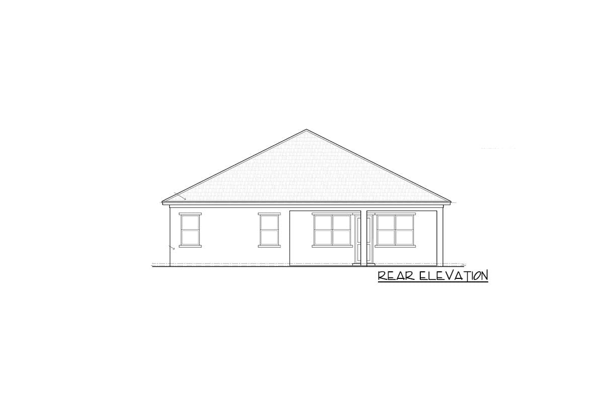 Rear elevation drawing of a house with a gable roof, showing windows and a covered patio area.