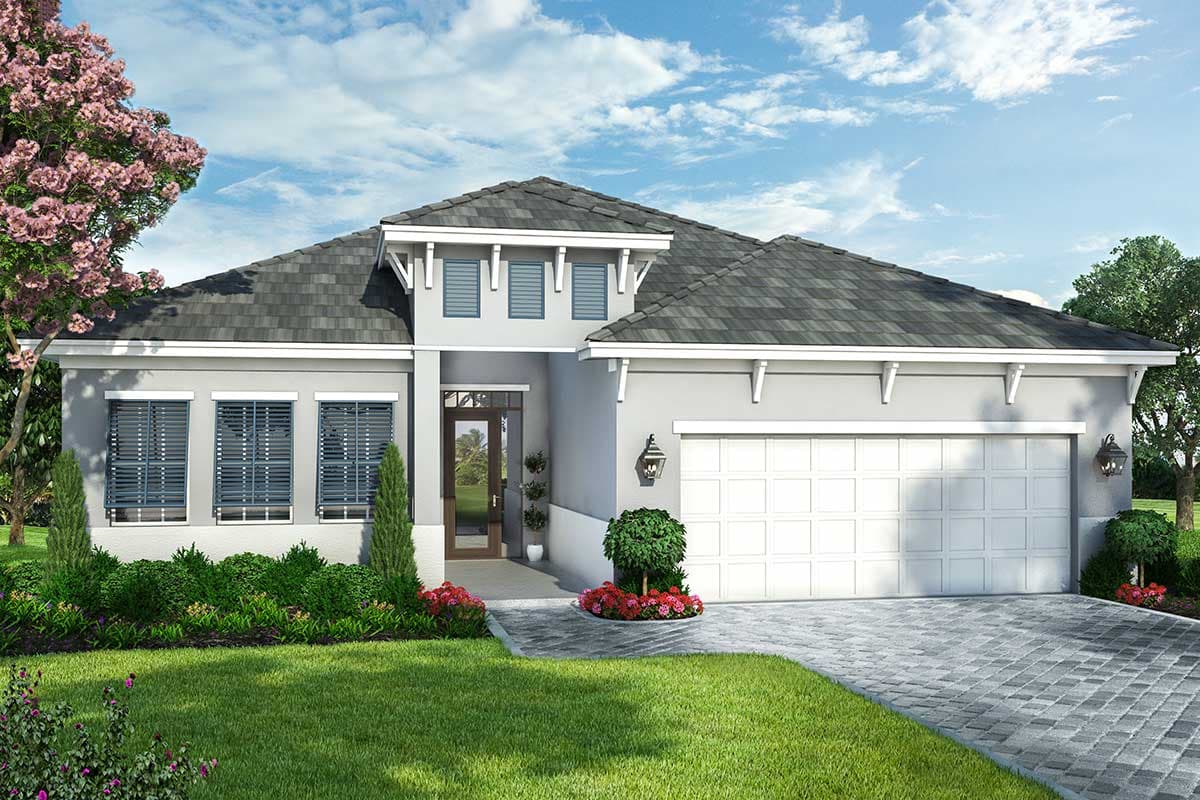 House plan exterior with a single story, gray stucco, and a gabled roof. Features include a two-car garage, multiple windows, and decorative brackets.