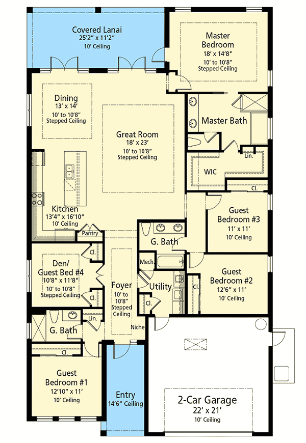 Plan 33176ZR: 4 or 5 Bed Energy-Saving House Plan - Floor Plan - Main Level - Florida-Style, Southern