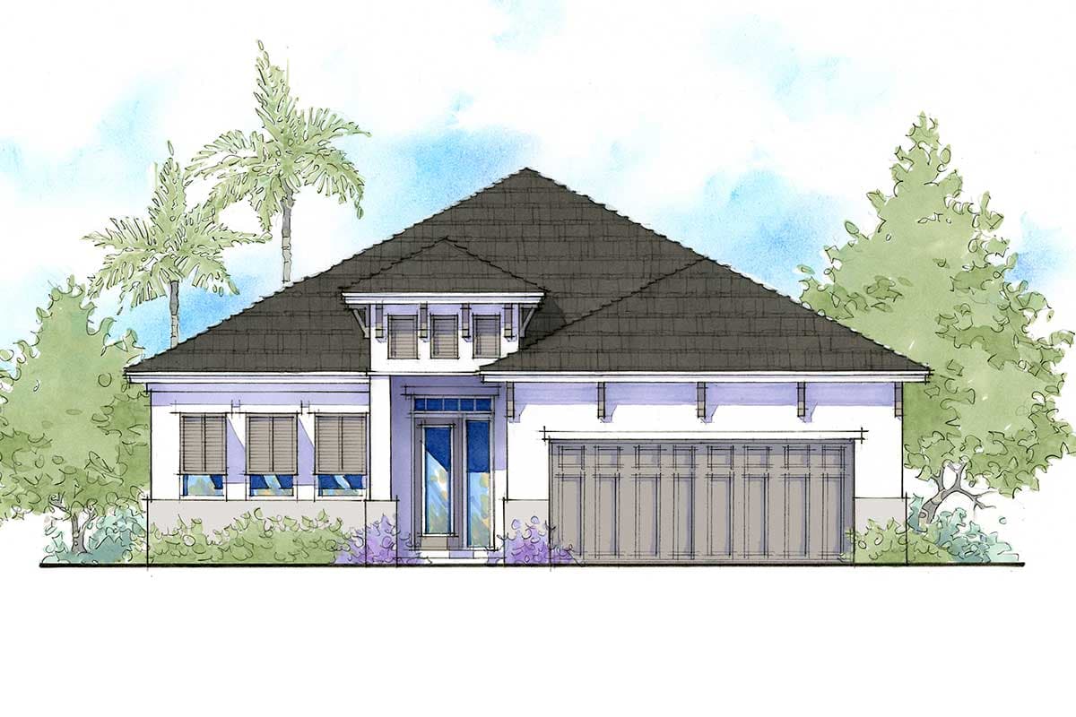 House plan exterior: Single-story Modern Farmhouse with gabled roof, dormer, covered entry, and two-car garage.