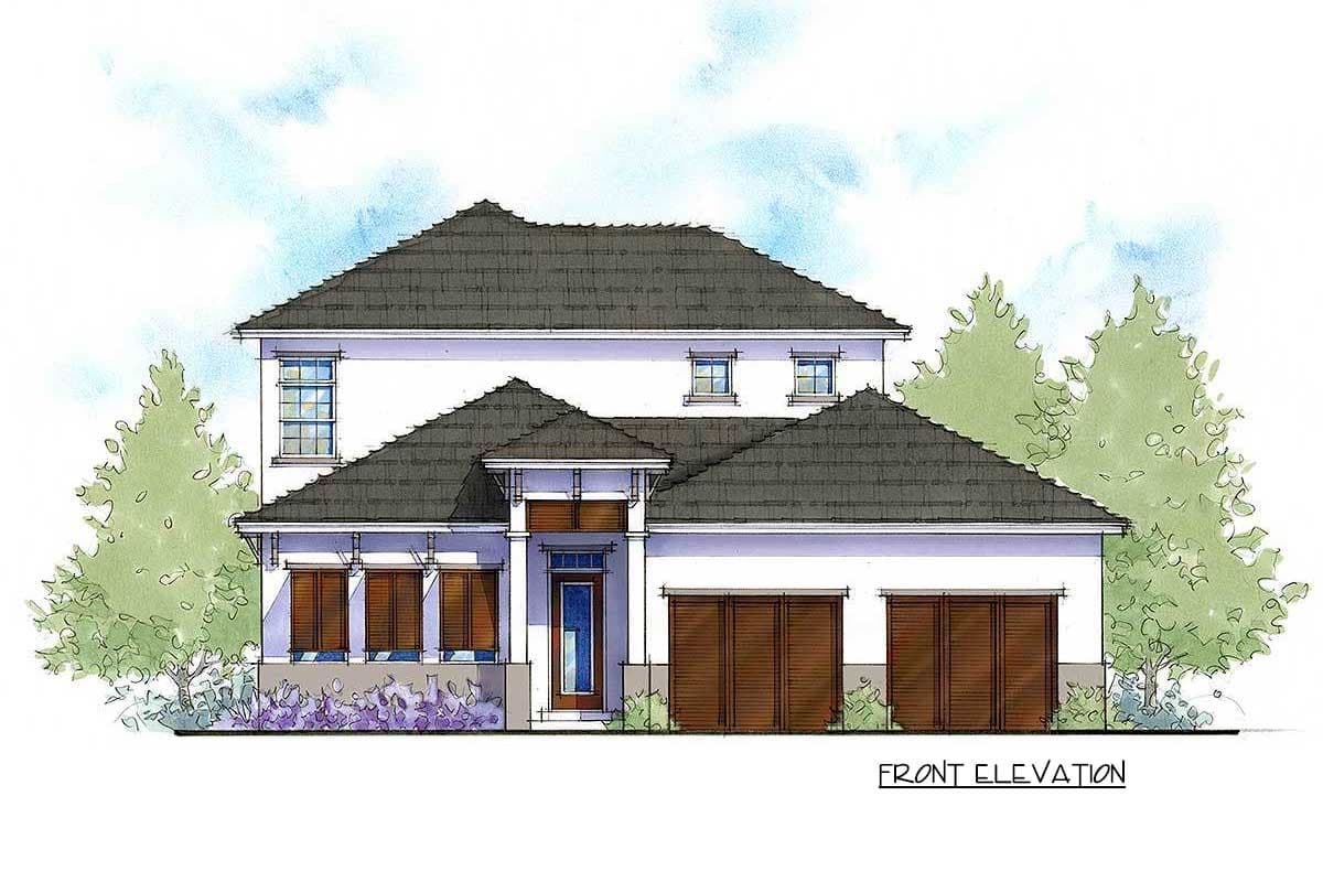 Front elevation house plan: two-story, hip roof, covered entry, multi-pane windows, and a three-car garage.