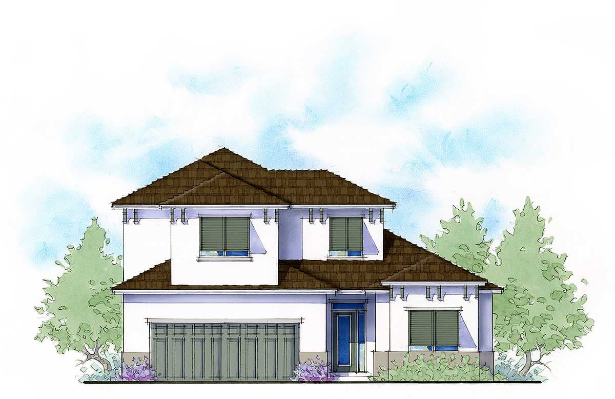 House plan exterior rendering of a two-story home with a tiled hip roof, garage, and multiple windows.