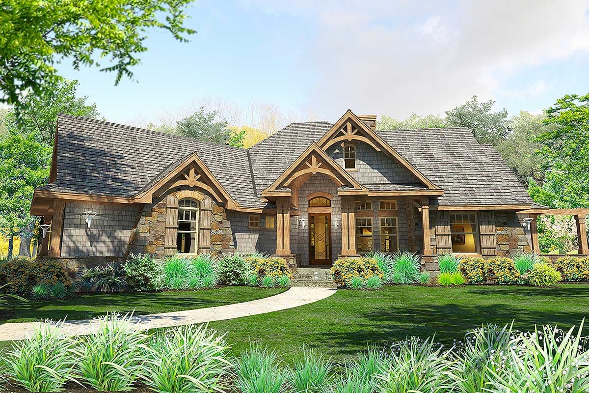House plan exterior. Craftsman style with stone and shingle siding. Features include a front porch, gables, and a multi-gabled roofline.