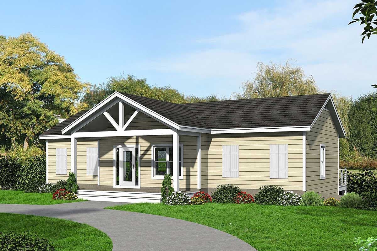 House plan exterior. Single-story home with a gabled roof, a front porch, and decorative shutters.