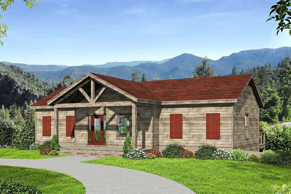 Ranch style house plan exterior with wooden siding, covered porch, gabled roof, and red shutters.