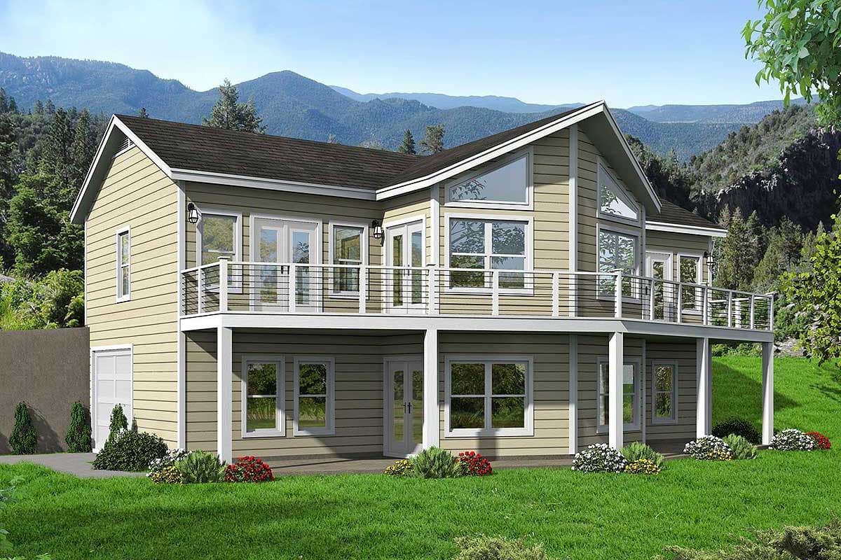 House plan exterior: Two-story modern home with a wrap-around deck, gabled roof, and large corner windows.