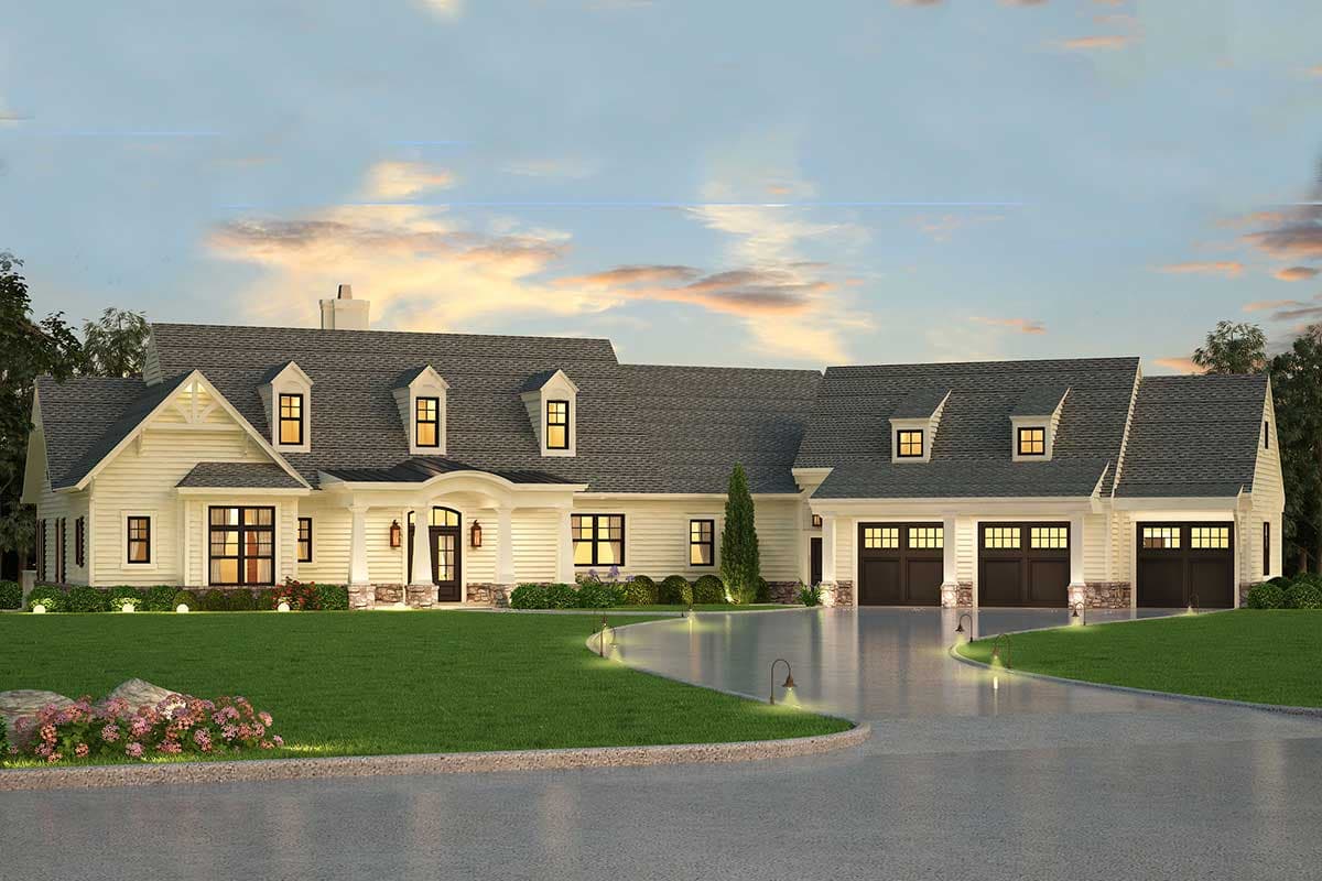 House plan exterior. A two-story farmhouse style home with dormers, a front porch, and a three-car garage.