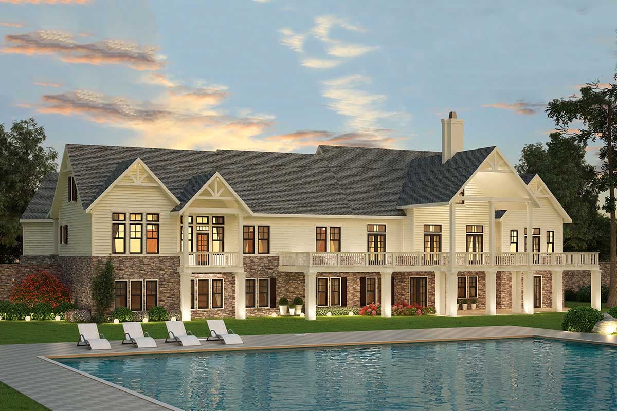 House plan exterior: two-story modern farmhouse with stone base, multiple gables, and wrap-around deck.