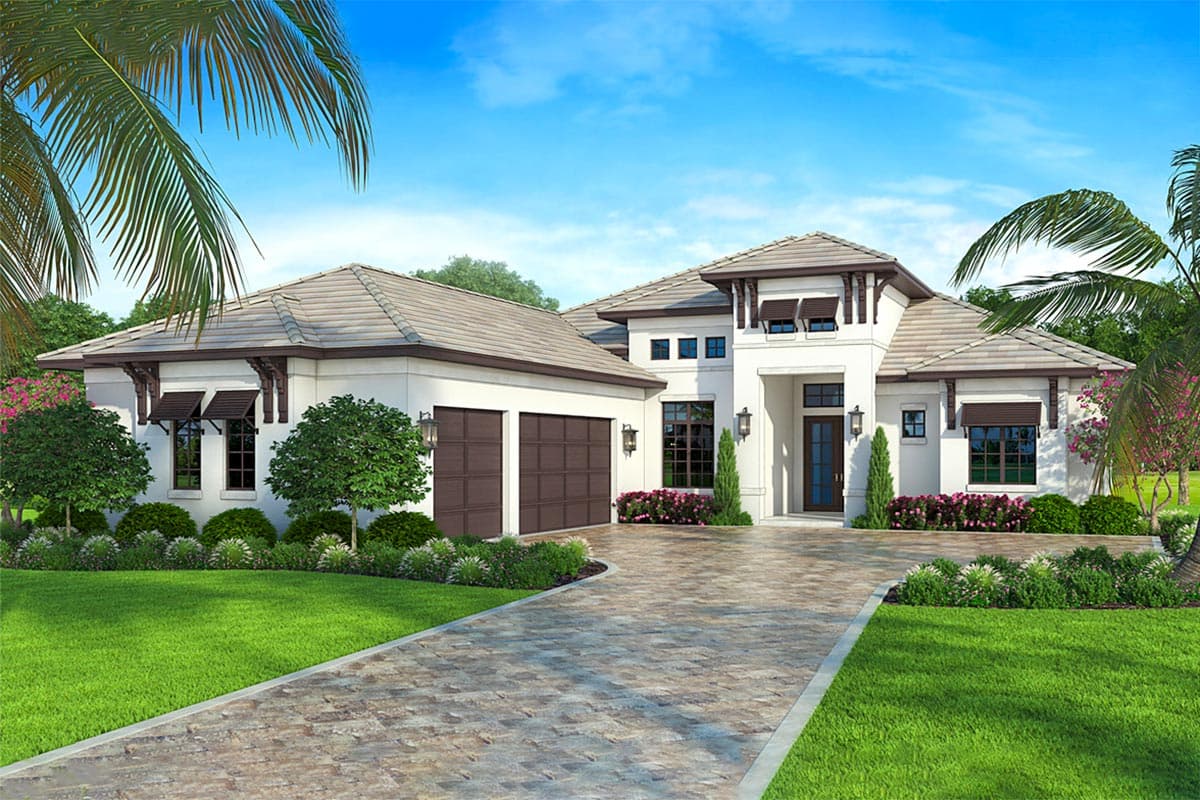 House plan exterior. Two-story with a tile roof, covered entry, and attached garage. Includes awnings and decorative corbels.