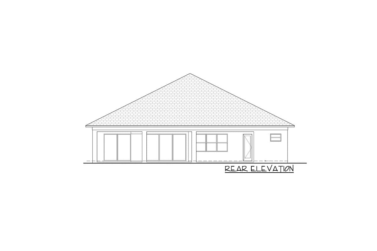 Rear elevation drawing of a house plan featuring sliding glass doors, windows, and a door.