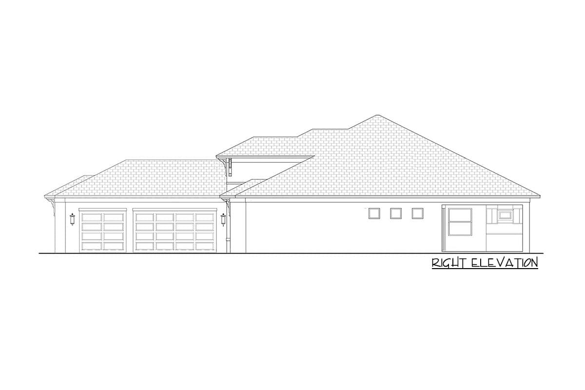 Right elevation drawing of a house plan showing a three-car garage, multiple gables, and varied rooflines.