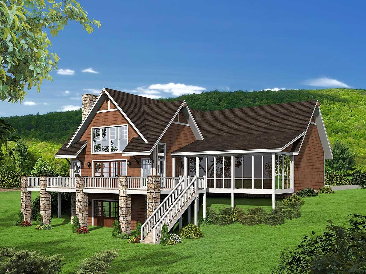 House plan exterior with Craftsman-style elements. Features include a raised porch with stone columns, a screened-in porch, and a gable roofline.