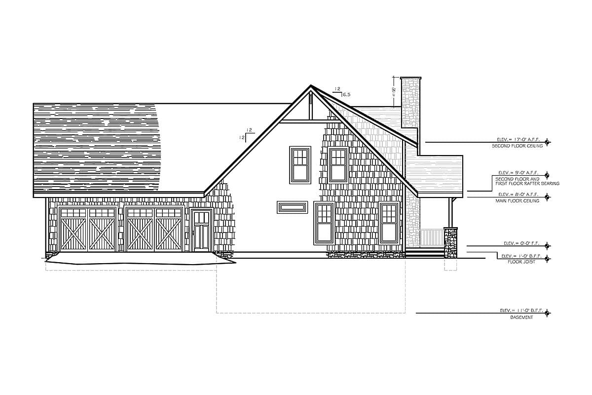 Architectural drawing of a two-story house plan exterior with a three-car garage, gables, dormers, and a stone chimney.