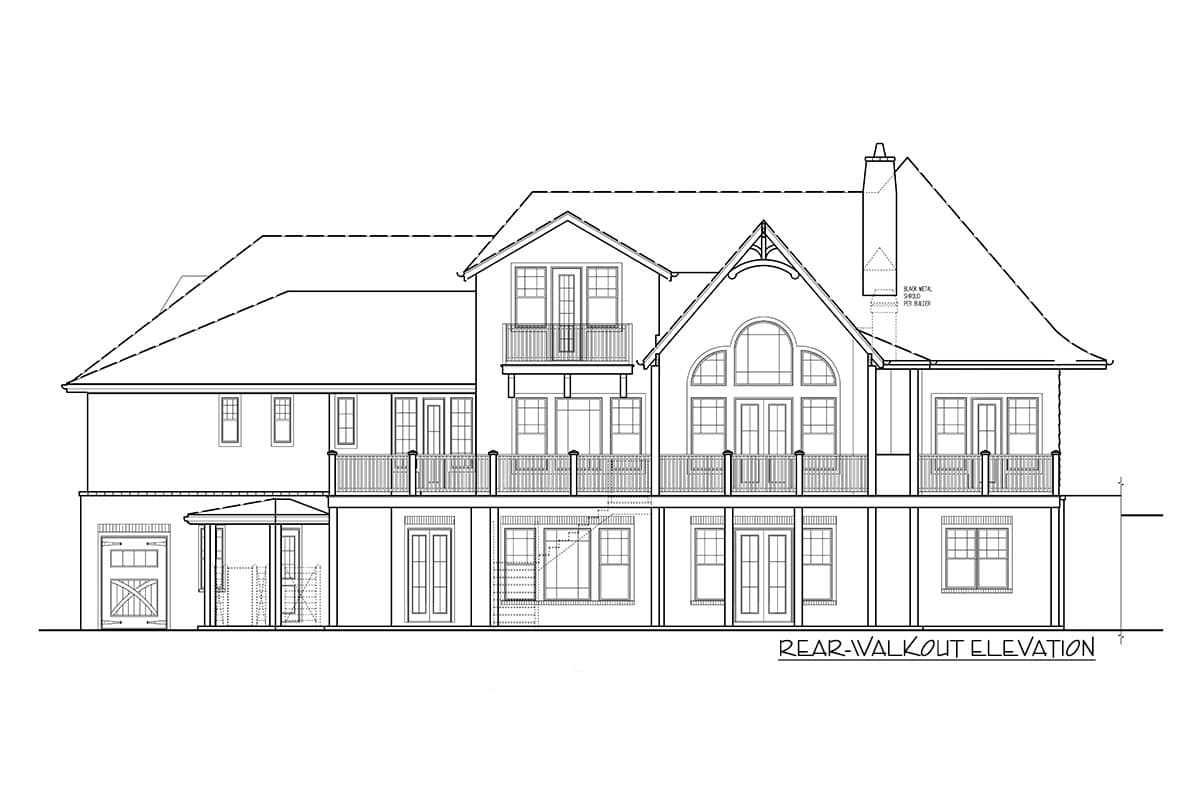 Rear elevation drawing of a two-story house plan with a walkout basement, multiple balconies, and a large arched window.