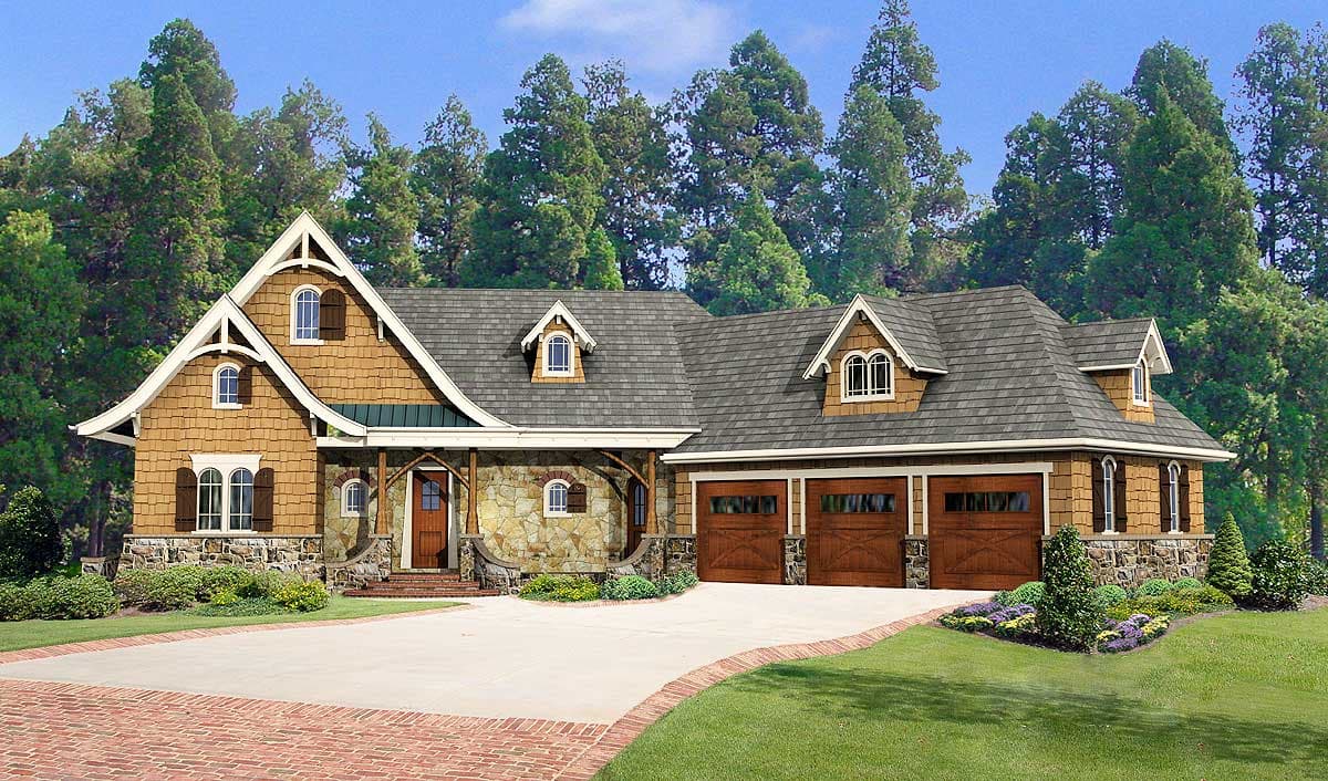 House plan exterior. Craftsman style with a stone facade, gabled roof, and multiple dormers. Features include a three-car garage and covered porch.