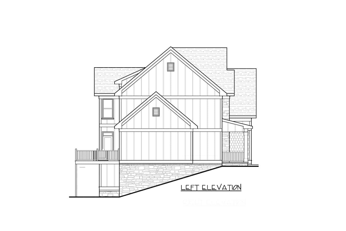 Left elevation house plan showing a multi-story structure with gables, dormers, a deck, and stone foundation.