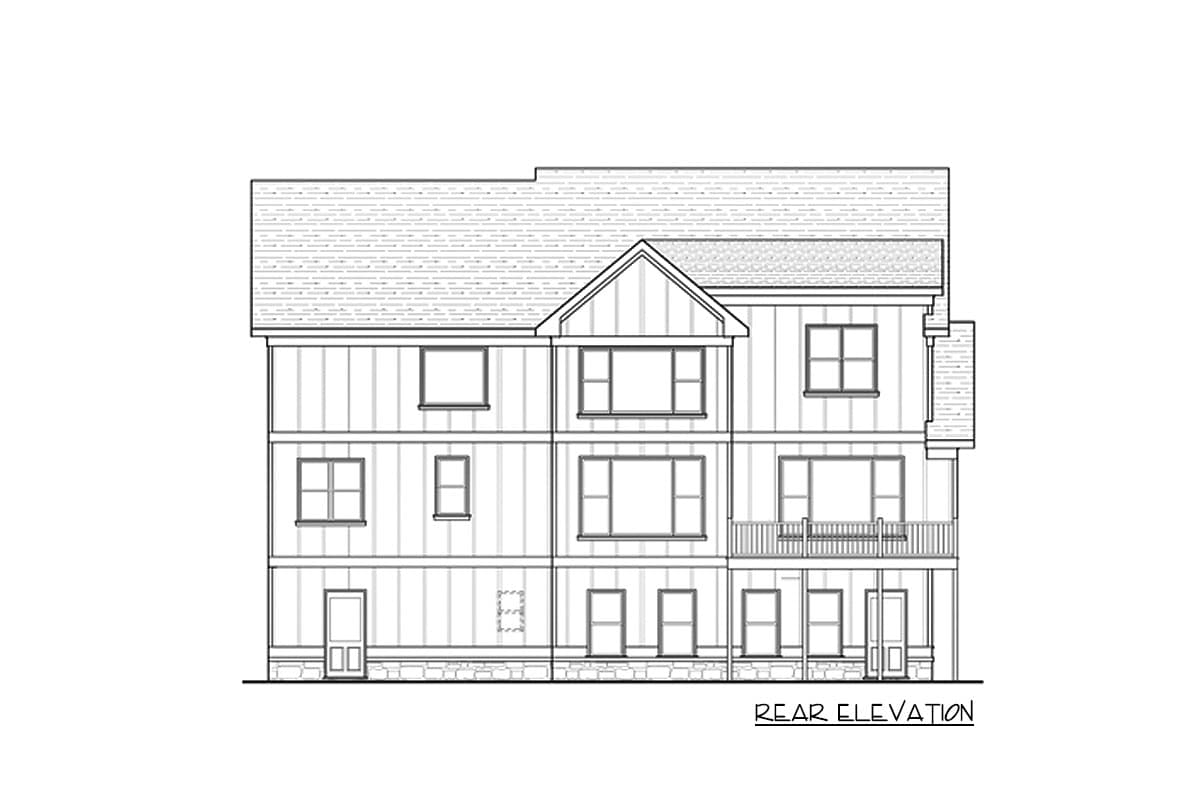 Rear elevation of a three-story house plan showing double-hung windows, a gabled dormer, and a deck.