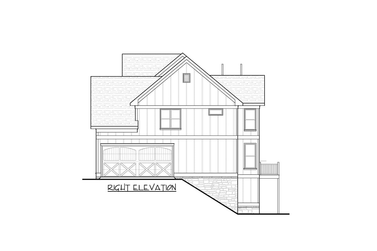 Right elevation house plan showing a two-story home with a garage, gables, dormer, and stone foundation.