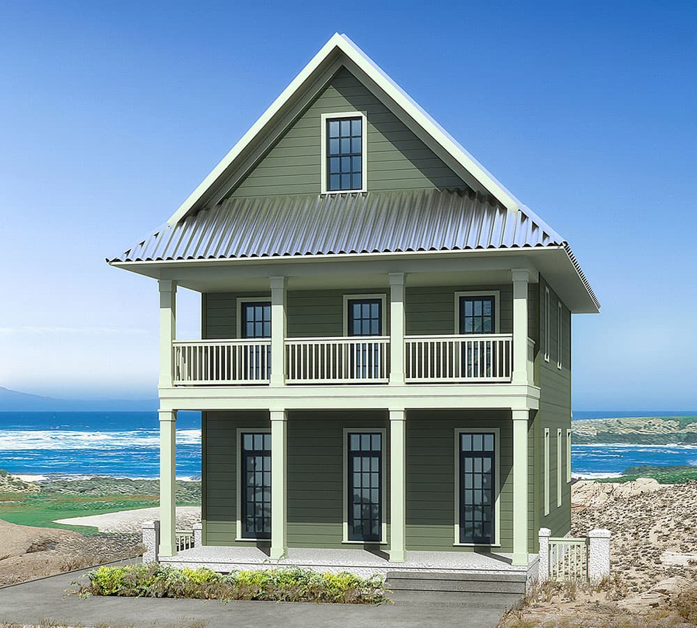 House plan exterior. Two-story home with a gable roof, covered porches on both levels, and a metal roof. Includes a beachfront setting.