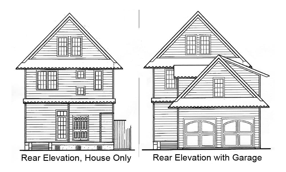 Rear elevations of a two-story house plan, one with a garage, showing gables, windows, and horizontal siding.