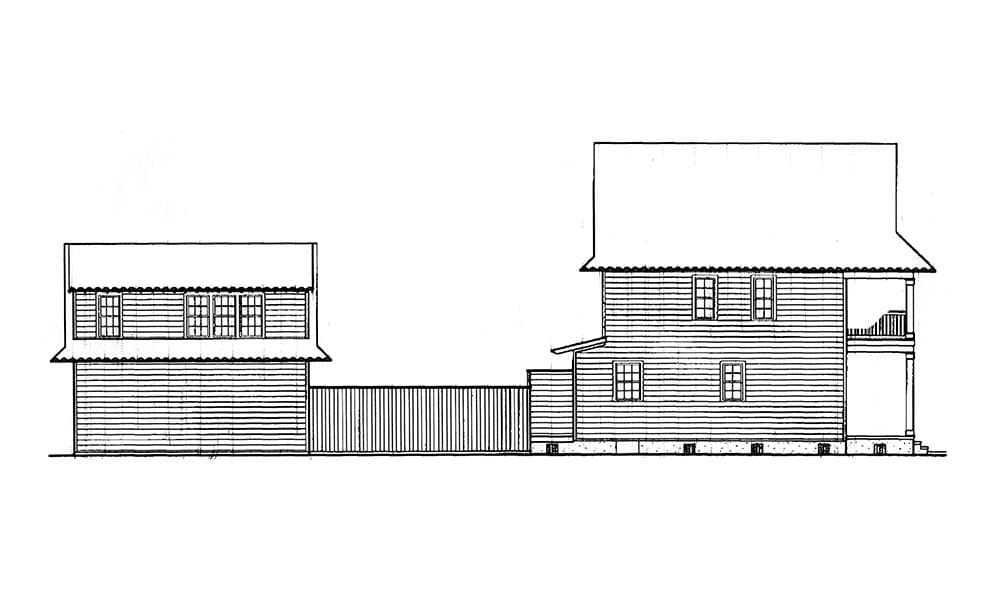 House plan elevation drawing of a two-story house with a porch, multiple windows, and a connecting fence.
