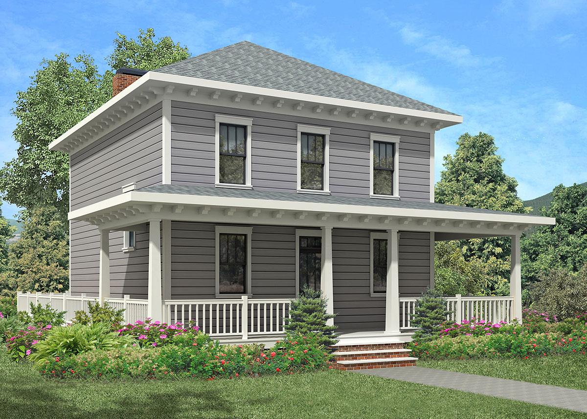 House plan exterior featuring a two-story design with a wraparound porch, a hipped roof, and a balanced window arrangement.  