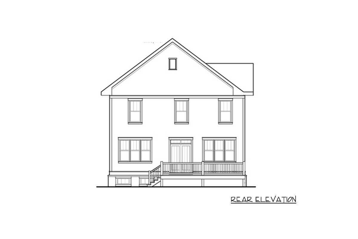 Rear elevation drawing of a two-story house plan with a gable roof, porch, and double doors.