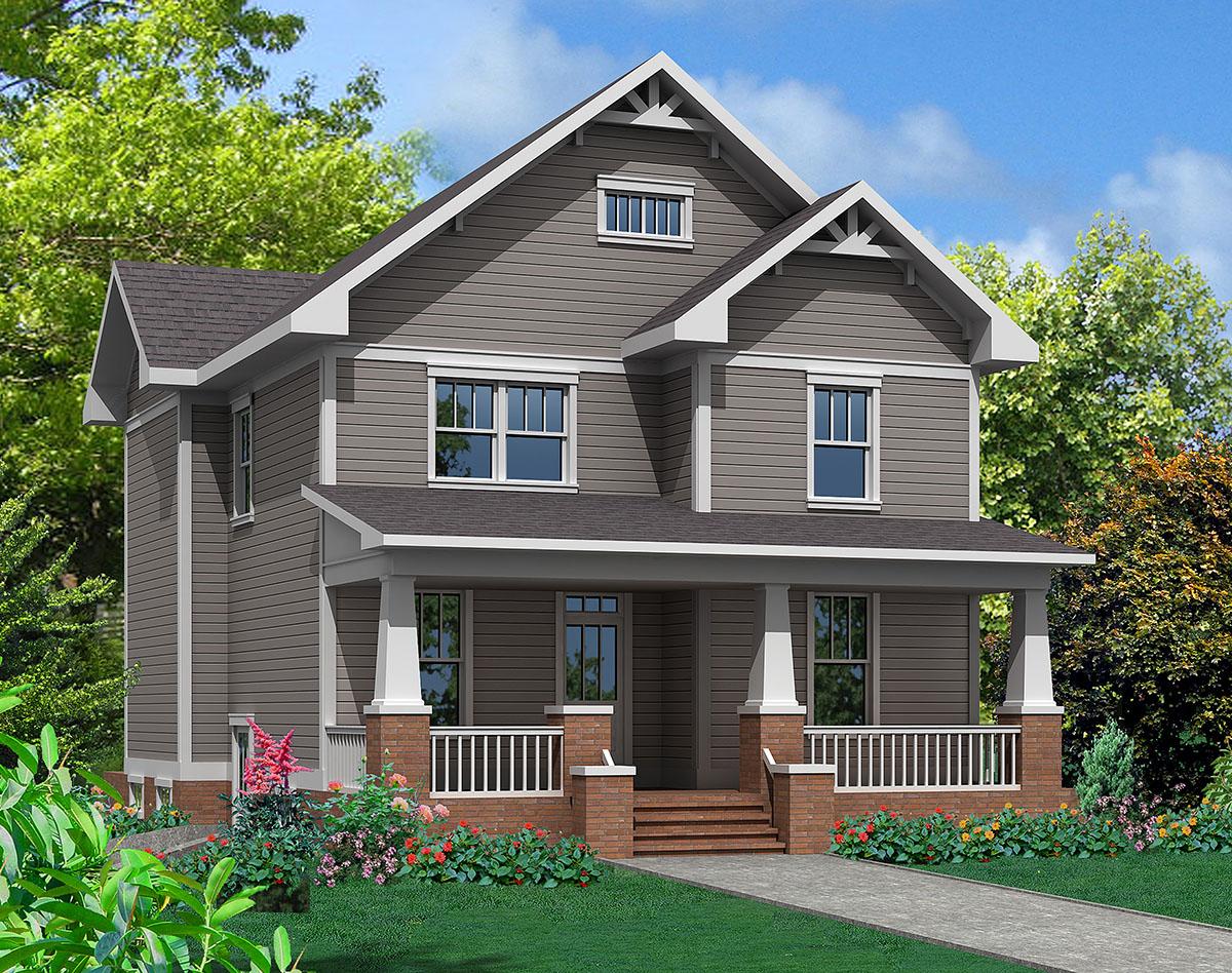 Craftsman house plan exterior. Two-story home with a front porch supported by columns. Features include gabled roof, dormers, and brick foundation.