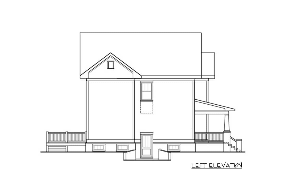 Left elevation drawing of a two-story house with gabled dormer, two porches, and basement windows.