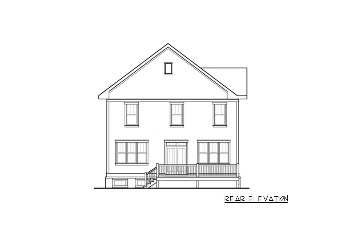 Rear elevation drawing of a two-story house plan with a covered porch, double doors, and multiple windows.