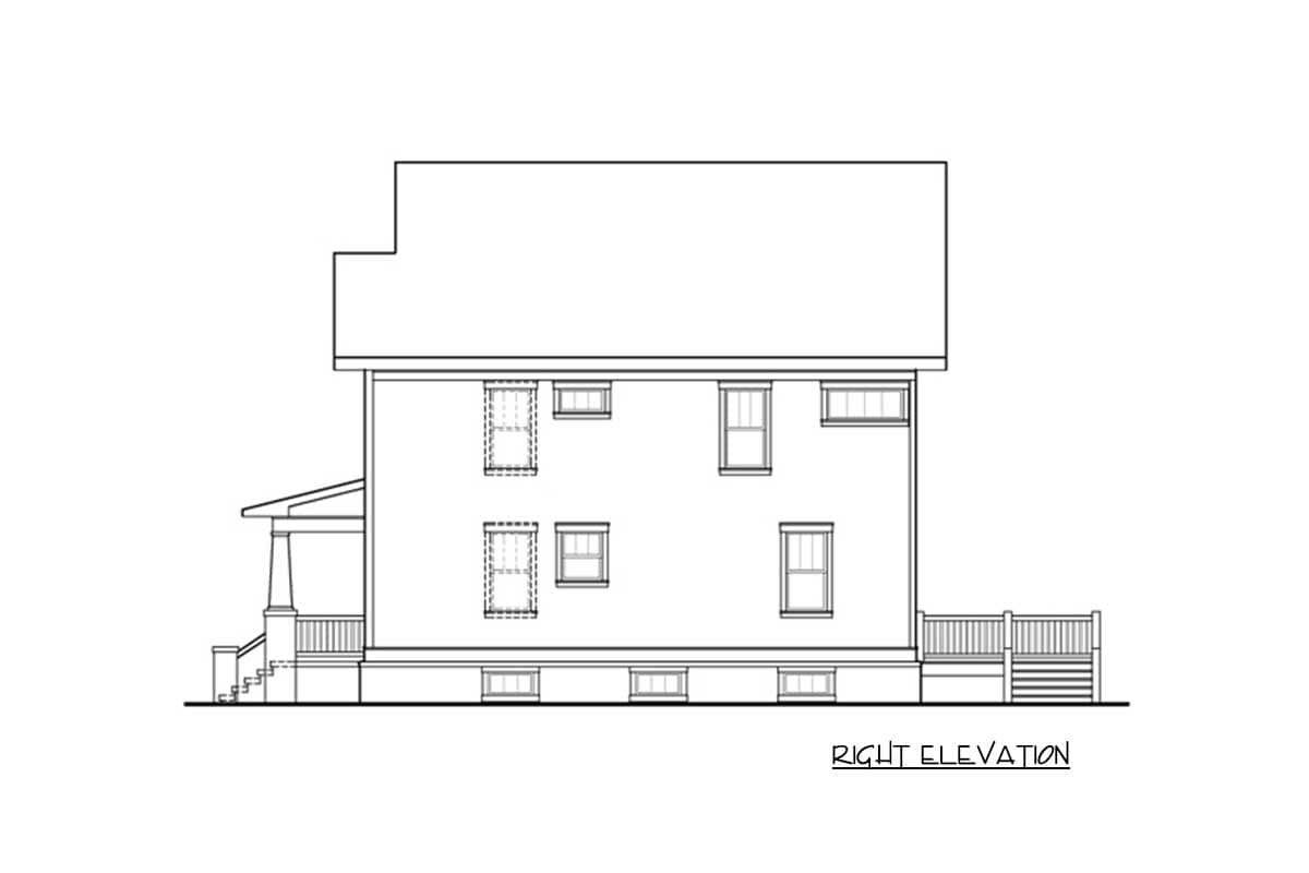 Right elevation house plan drawing shows a two-story house with a side porch, deck, and multiple windows.
