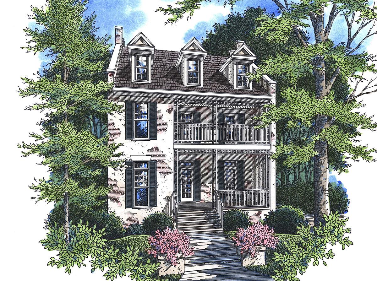 House plan exterior: Two-story brick house with double-decker porches, dormer windows, and shutters.