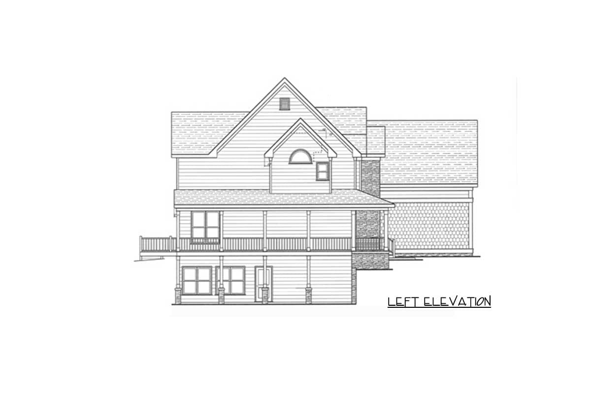Left elevation drawing of a two-story house with a full-width covered porch, gables, and dormer windows.